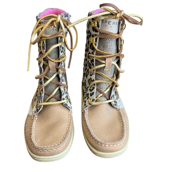 Sperry Women’s Sz 6.5 Hikerfish Boots Tan Leopard Leather Gold Studded Lined NEW - Picture 3 of 7